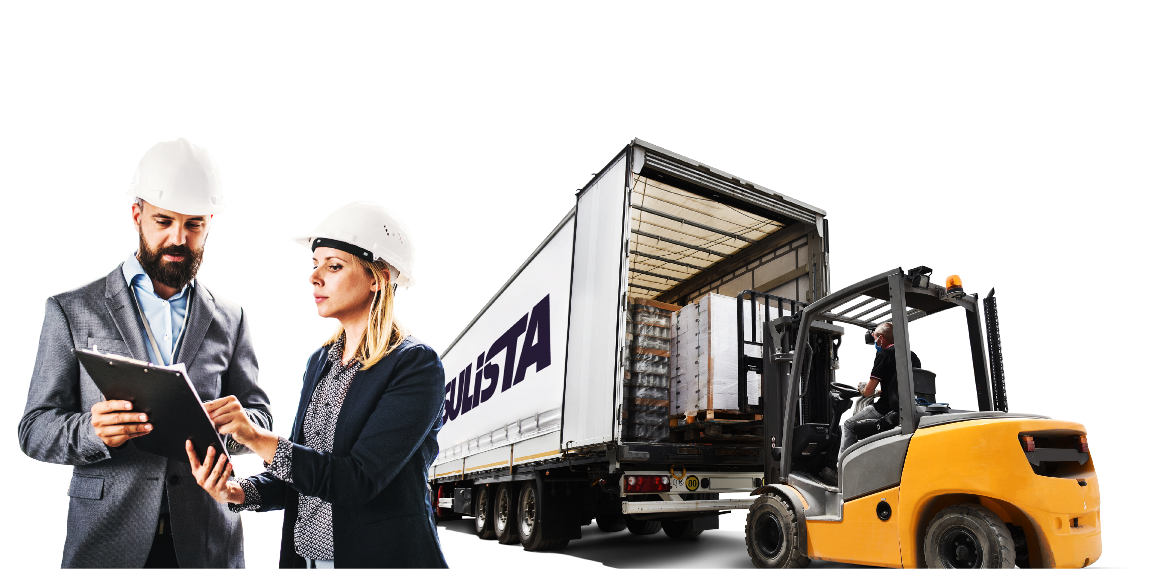 Transportadora Sulista – Segmentos de atuação Duas pessoas conferindo documento enquanto empilhadeira carrega caminhão.